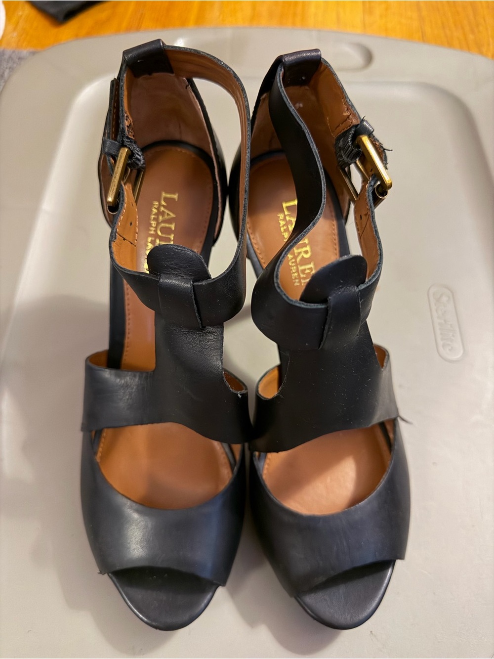 Lauren Ralph Lauren Black Leather T-Strap Heels with Gold Buckles